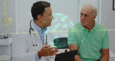 Explaining doctor and patient reviewing holographic data with spine model in consult room