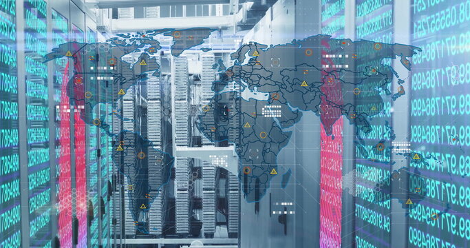 Displaying server racks lighting data center corridor, with world map overlay and code panels