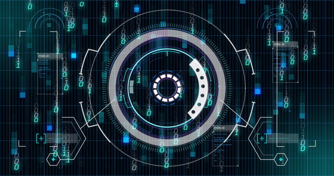 Showing central circular data interface on grid lines with binary streams hex nodes and panels
