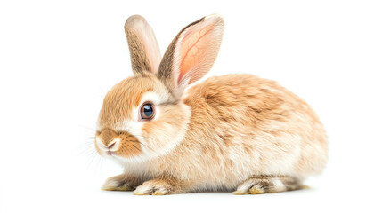 Fototapeta premium Pet rabbit with ears upright, soft fur texture, white background