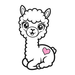 Fototapeta premium Kawaii style black and white vector cartoon of adorable alpaca with big eyes and pink heart sitting on white background