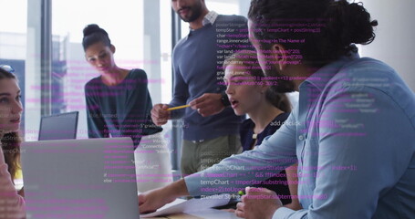Pointing developer guiding team reviewing code on conference table, with pencil and laptop