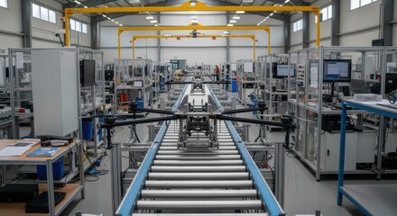 Naklejka premium Factory interior with conveyor belts transporting drone frames between assembly stations.