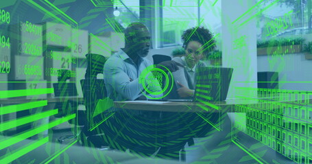 Professionals in business attire reviewing holographic financial data in office with laptop