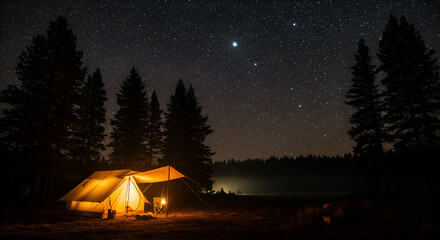 lantern-lit tent at night