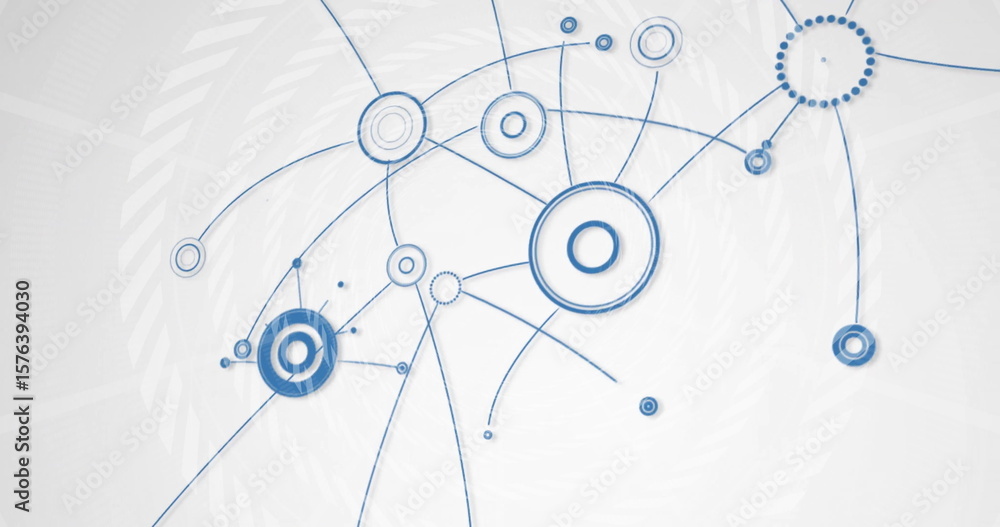 Poster displaying network spreading across grey spiral pattern, with dotted and solid blue circular nodes