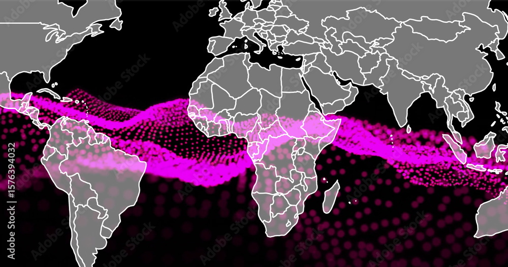 Poster displaying world map outline weaving across data visualization space, magenta dotted wave pattern