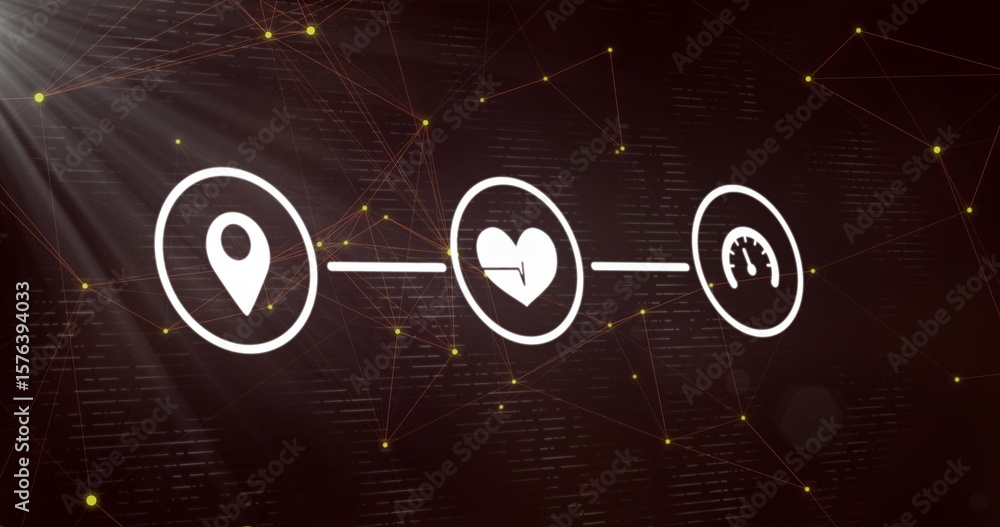Poster showing three white icons connected by lines on dark interface motif, with glowing yellow nodes