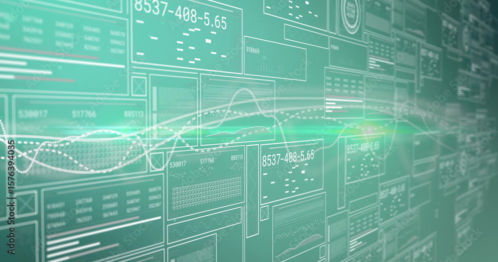 Poster displaying translucent analytics interface in virtual environment with floating panels and charts