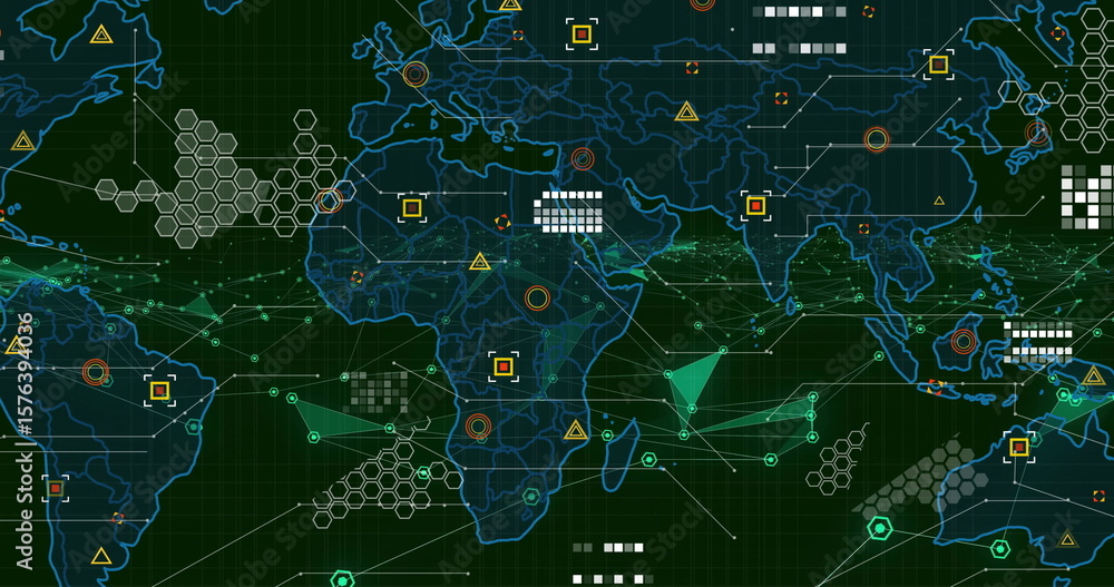 Poster displaying digital world map on dark green grid showing data warning icons and hexagon clusters