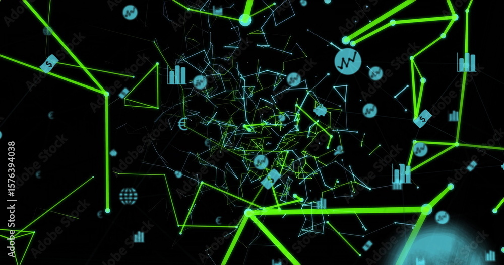 Poster pulsing network converging toward central vortex in cyberspace with neon lines and floating icons