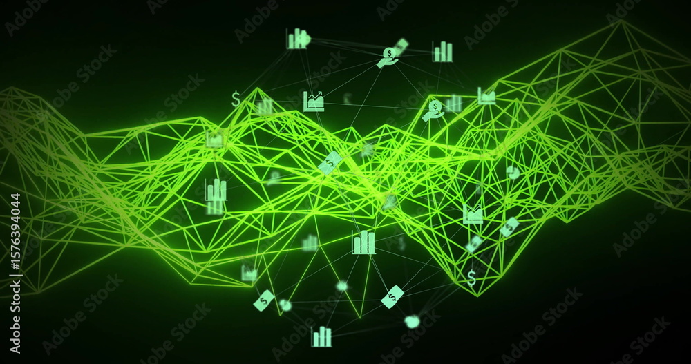 Poster displaying neon green wireframe mesh undulating in data display, with floating finance icons
