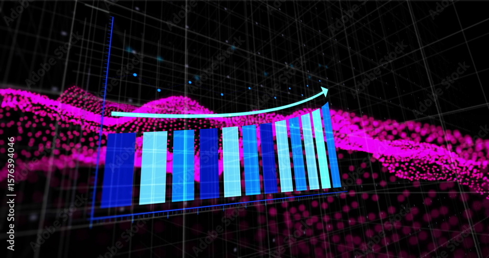 Poster showing 3d bar chart displaying curved trend arrow on analytics wireframe grid, magenta wave dots