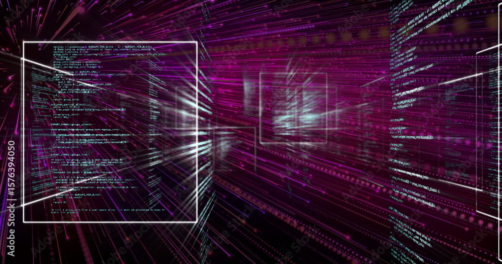 Poster floating white-outlined code frame drifting through data tunnel, with magenta light streams