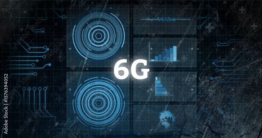 Poster network interface cluster glowing in dark grid dashboard, with 6g label and circular indicators