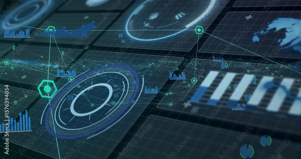 Poster displaying floating holographic circular radar-like ui component in data dashboard, with bar graphs