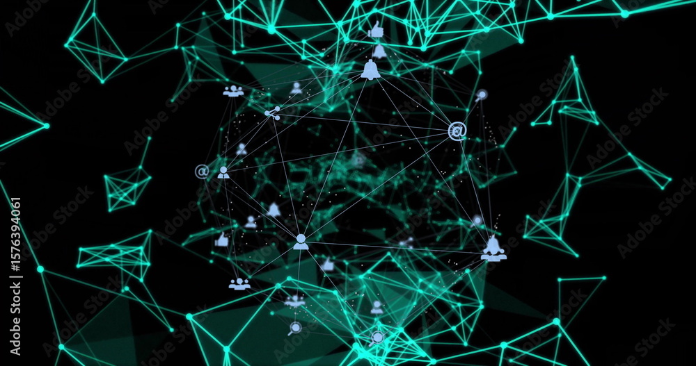 Poster displaying glowing mesh globe floating in digital void featuring neon nodes with social media icons