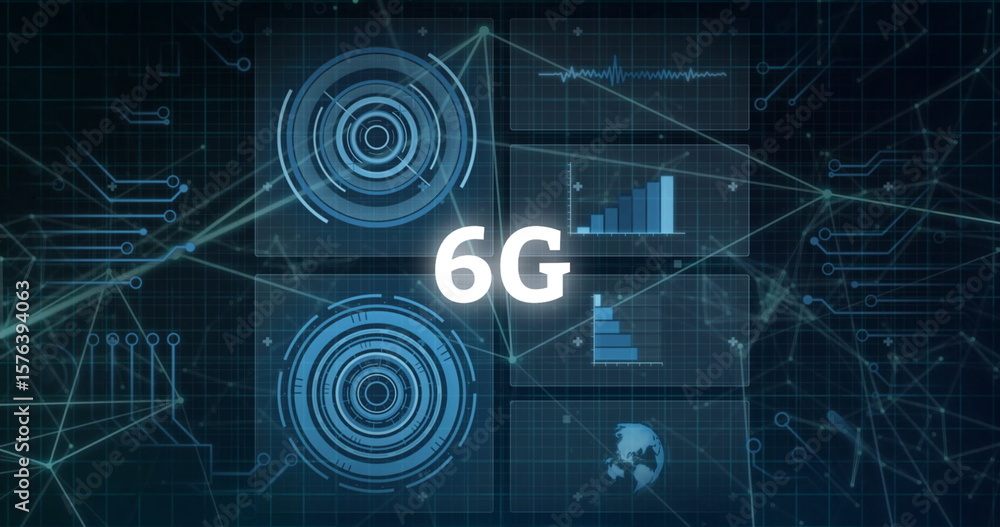 Aufkleber displaying 6g label linking radar diagrams and bar graphs on digital grid, featuring globe icon