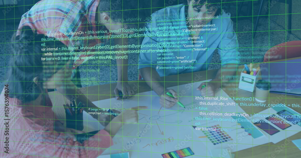 Poster sketching three designers drafting diagrams on studio table, with colored markers and code overlays