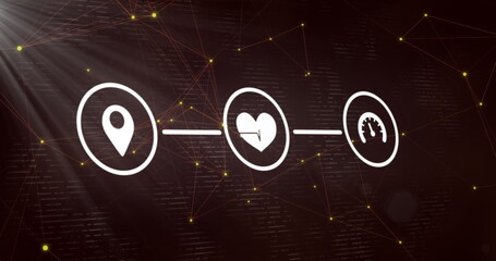 Showing three white icons connected by lines on dark interface motif, with glowing yellow nodes