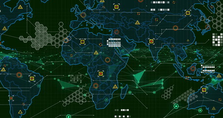 Displaying digital world map on dark green grid showing data warning icons and hexagon clusters