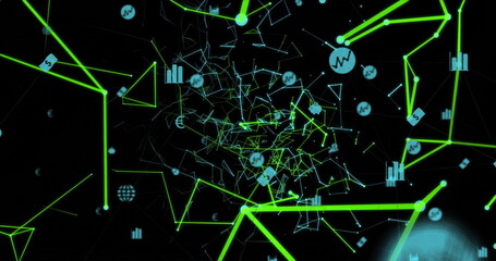 Pulsing network converging toward central vortex in cyberspace with neon lines and floating icons