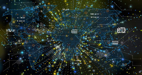 Displaying world map with glowing nodes, connecting lines and hexagon patterns on network UI