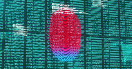 Displaying fingerprint graphic on security interface, with scrolling numeric code and glitch lines