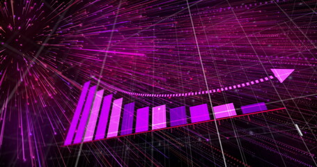 Displaying magenta bar chart rising in abstract space, with dotted trend line and arrowhead