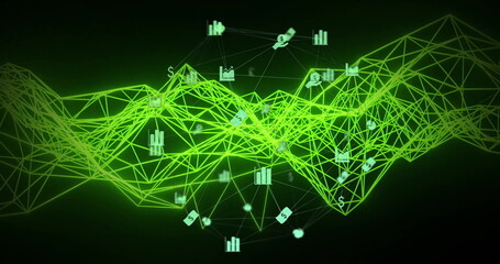 Displaying neon green wireframe mesh undulating in data display, with floating finance icons