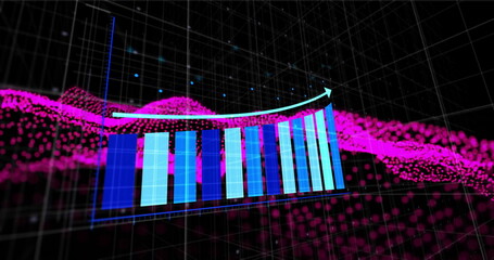 Showing 3D bar chart displaying curved trend arrow on analytics wireframe grid, magenta wave dots