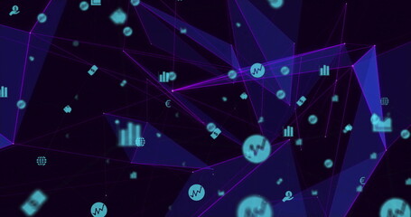 Floating turquoise icons showcasing financial symbols, user icons and data nodes in digital network