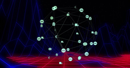 Glowing sphere floating above grid floor, featuring nodes currency gift scale chat truck 50% icons