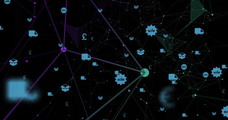 Displaying digital network graph pulsing in dark space, with truck, box, pound and sale badge icons