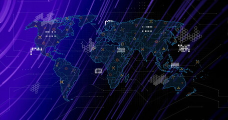 Stylized world map animating data overlays in control room, with hex clusters and circular nodes