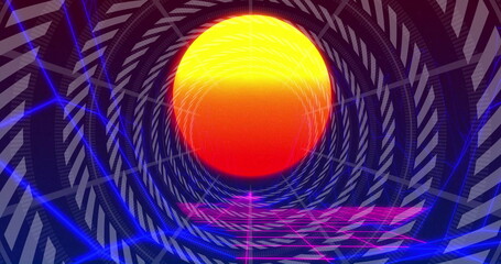 Spiraling neon tunnel showcasing central glowing orb, chevron walls, magenta grid, blue streaks