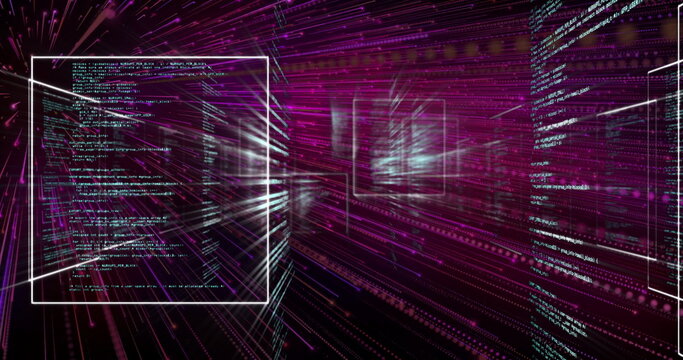 Floating white-outlined code frame drifting through data tunnel, with magenta light streams