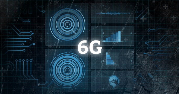 Network interface cluster glowing in dark grid dashboard, with 6G label and circular indicators