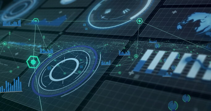 Displaying floating holographic circular radar-like UI component in data dashboard, with bar graphs