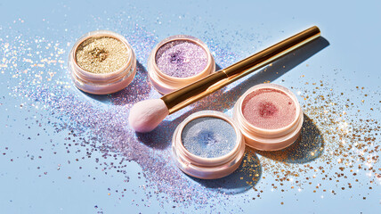 Real Photo Flat Lay of Glitter Makeup Compacts in Peach, Gold, Pink, and Lavender Neatly Arranged for Beauty Product Display