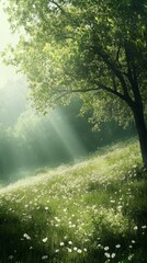 Obraz premium Sunbeams Through Green Tree and Meadow with White Flowers