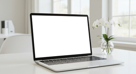 Fototapeta premium Modern laptop with blank screen and white orchids on a desk