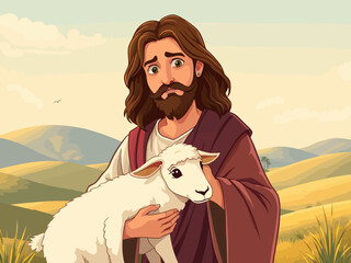 Cartoon Jesus Holding a Lamb Depicting Compassion and Care Religious Illustration. © aprian