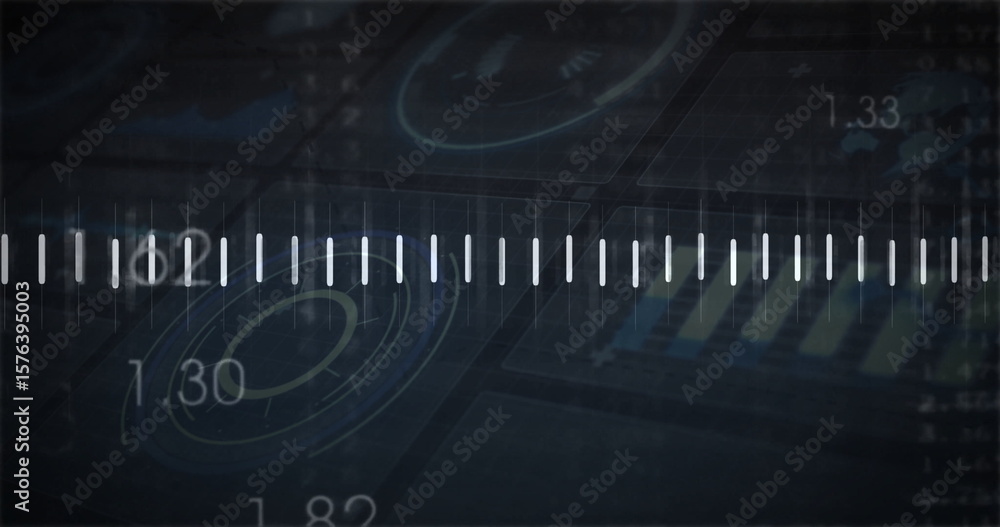Poster displaying horizontal scale marking data on dashboard, with circular and bar charts, numeric labels