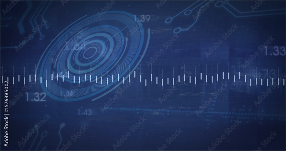 Poster rotating circular interface graphic over dashboard, with waveform and numeric labels, copy space
