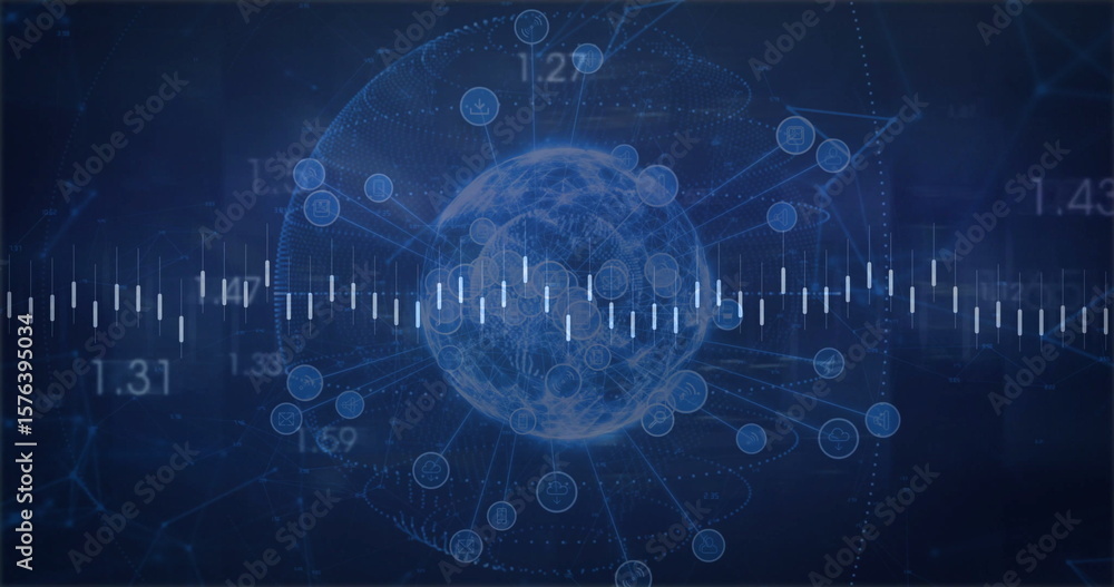 Poster showing wireframe globe pulsing in interface with node icons, connections, waveform, labels