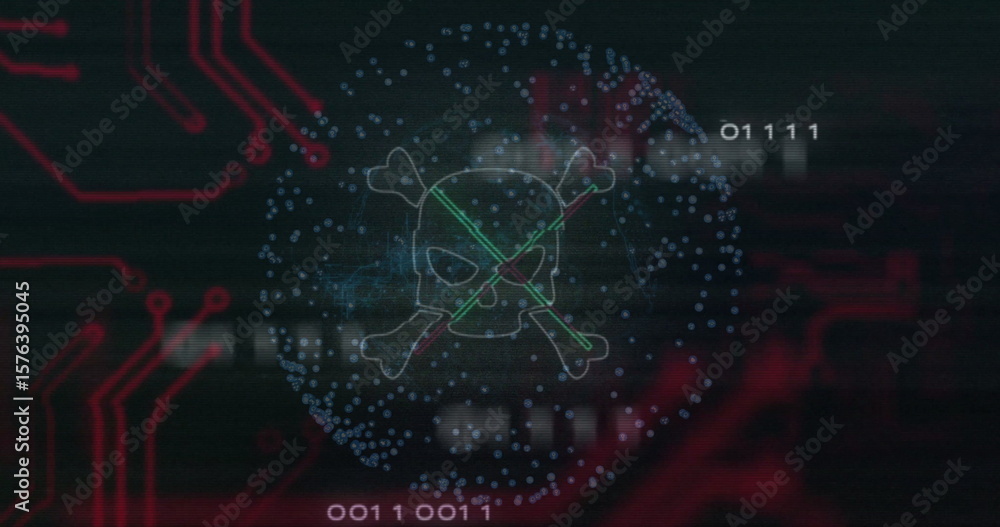 Poster Displaying skull and crossbones in cyber panel showing red circuit traces, binary and particle halo