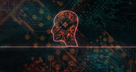 Displaying digital head silhouette glowing atop circuit trace with beam highlighting microchip