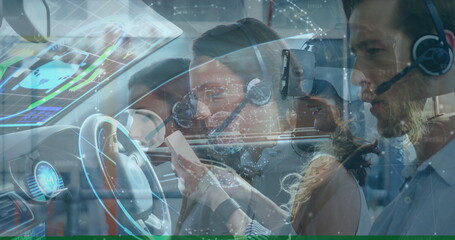 Call center agents wearing headsets and using smartphone in office, with steering wheel digital HUD