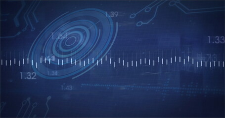 Rotating circular interface graphic over dashboard, with waveform and numeric labels, copy space